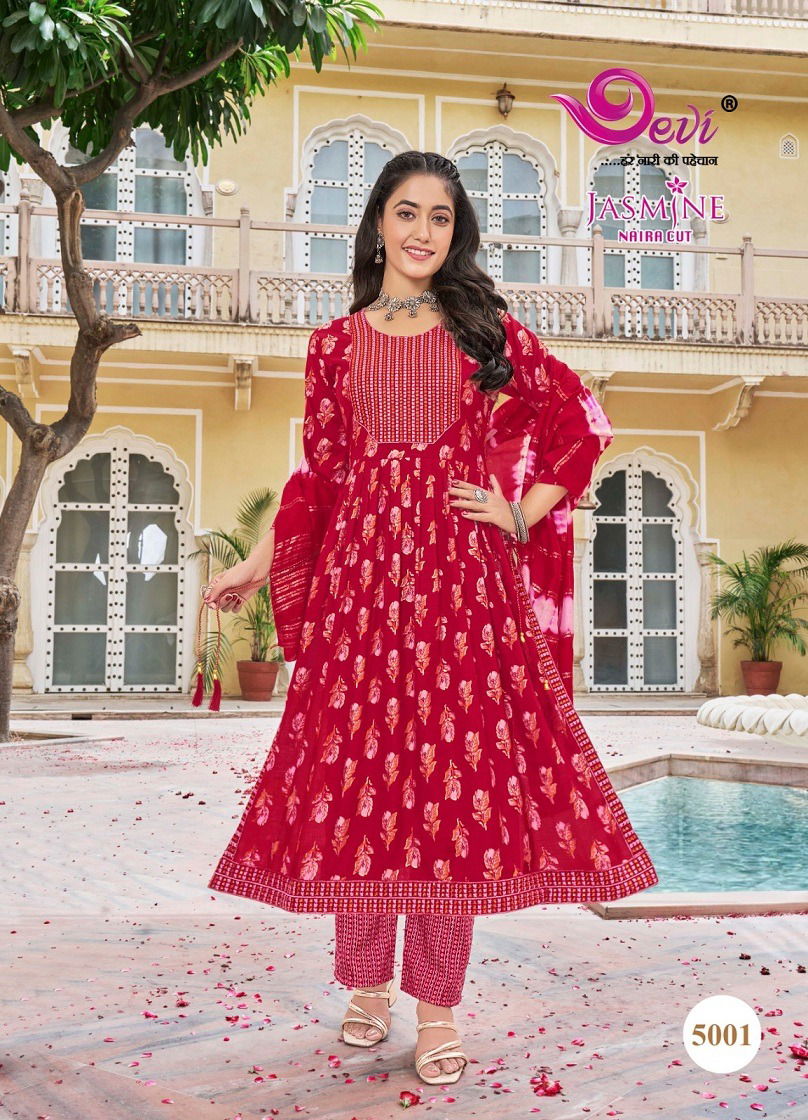 Jasmine Vol 5 By Devi Naira Cut Rayon Printed Kurti With Bottom Dupatta Wholesale Market In  Surat